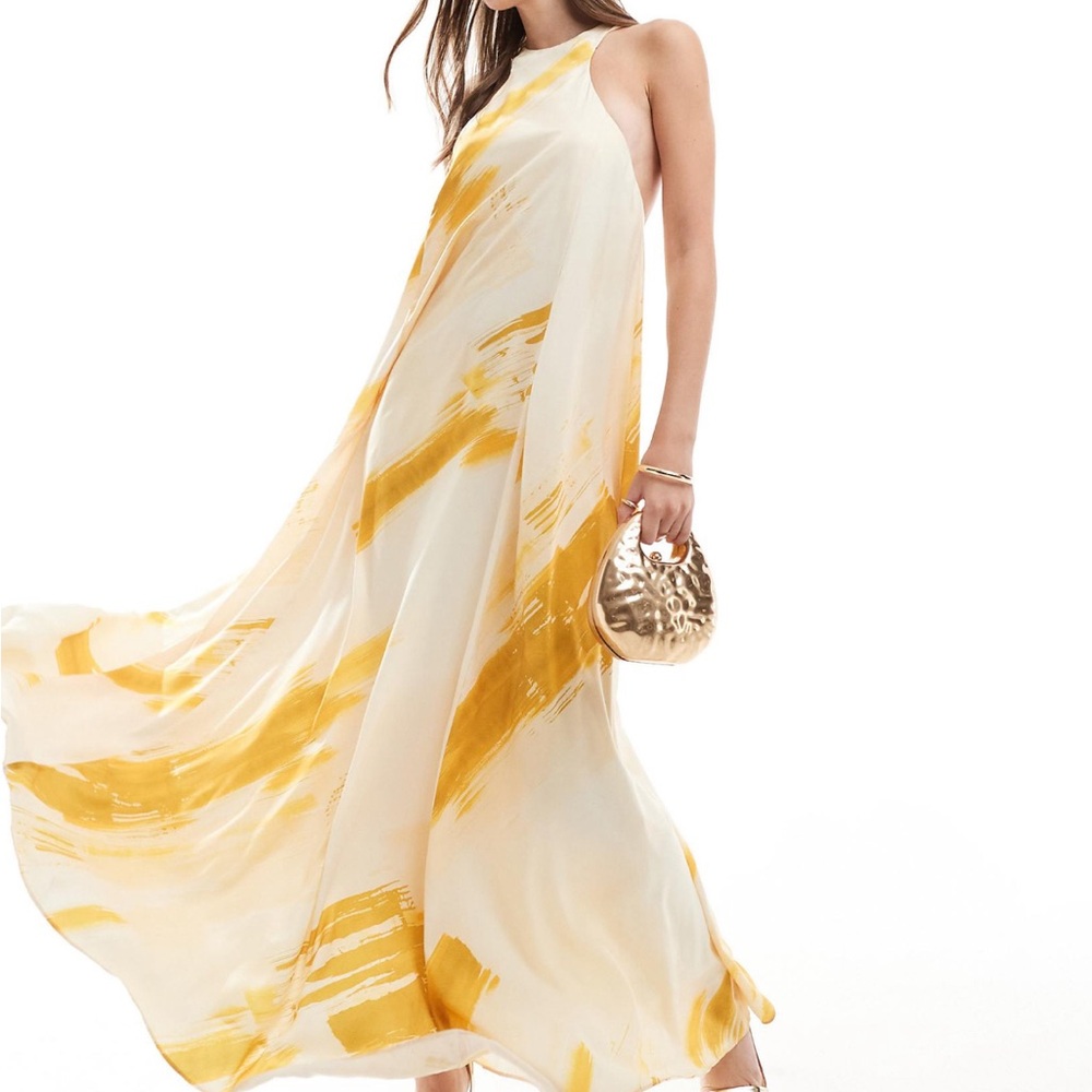 ASOS DESIGN satin racer trapeze volume maxi dress with gold hardware in marble